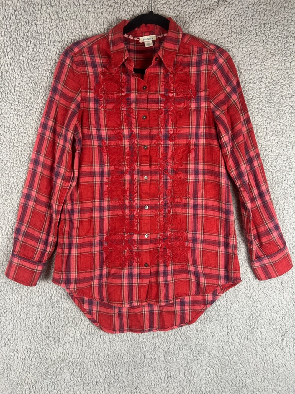 Sundance Long Sleeve Button Down Collared Plaid Flannel Embroidered  Top Size XS
